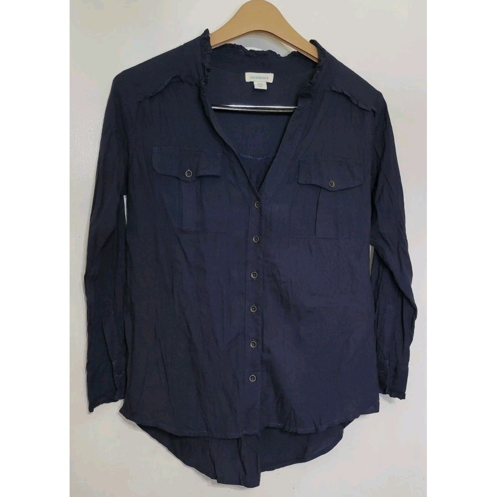 Sundance Navy Blue Button Up Ruffle Blouse Womens PXS Long Sleeve Viscose Top